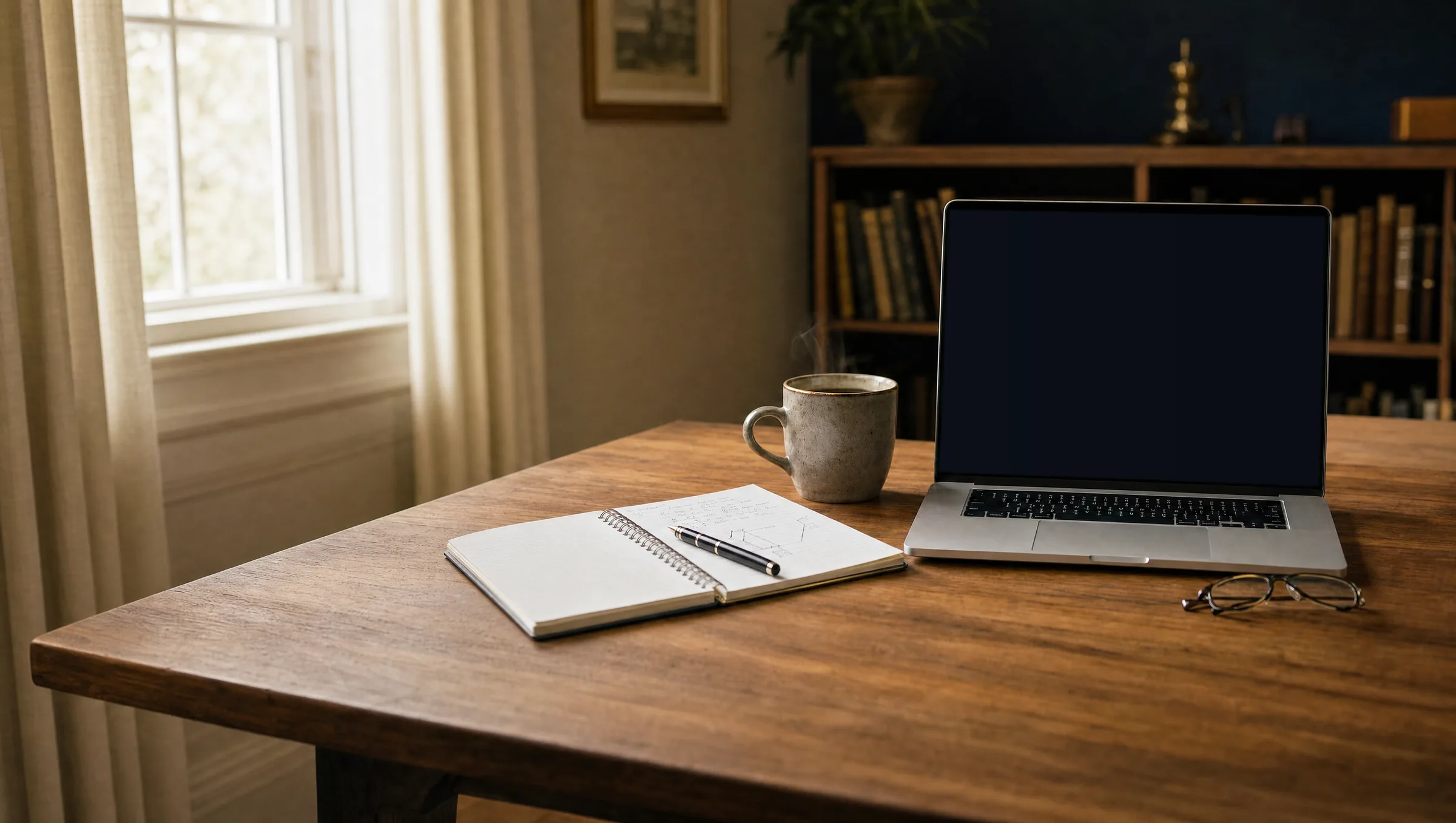 A study desk in warm window light: an open laptop showing the OmniTaught app, a mug of coffee, an open notebook with a fountain pen, and reading glasses