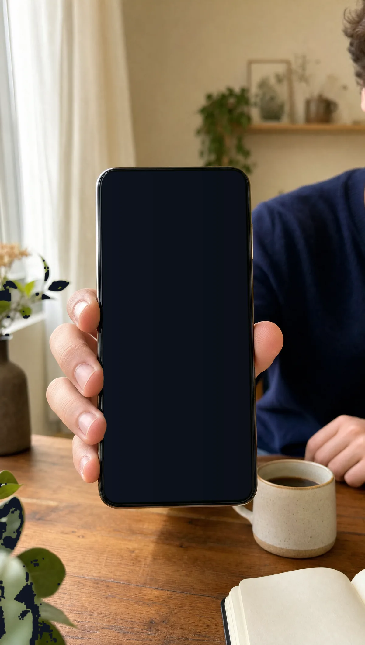 A hand holding a phone running the OmniTaught app, at a sunlit table with a mug of coffee and a notebook