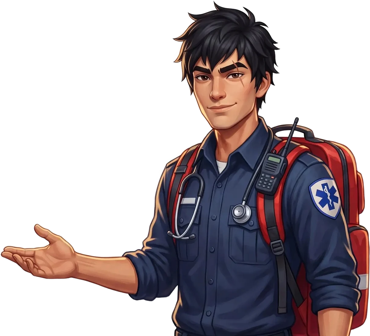 An EMT in a navy uniform with a red jump bag on his back, smiling, holding out an open hand toward the four screens